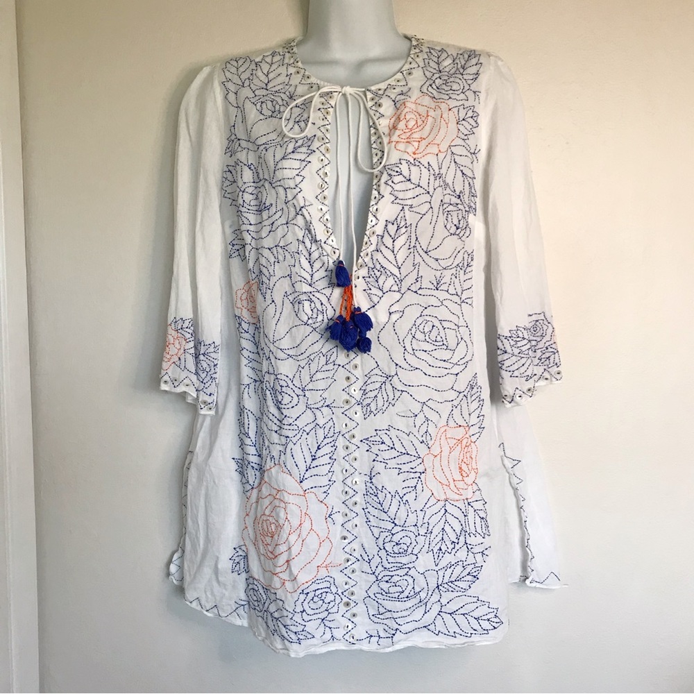 Easton Pearson Take Away Tassel Tie Embroidered Shell Detail Beach Coverup US 4